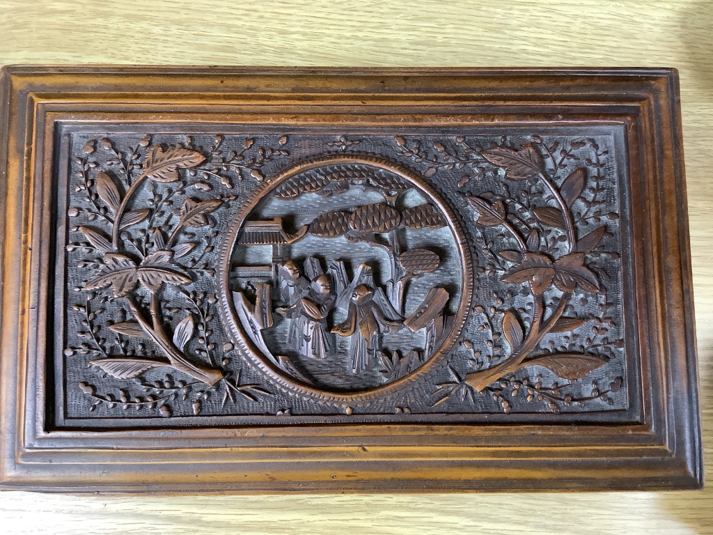 Three 19th century Chinese carved sandalwood boxes, 19th/20th century, longest 30cm